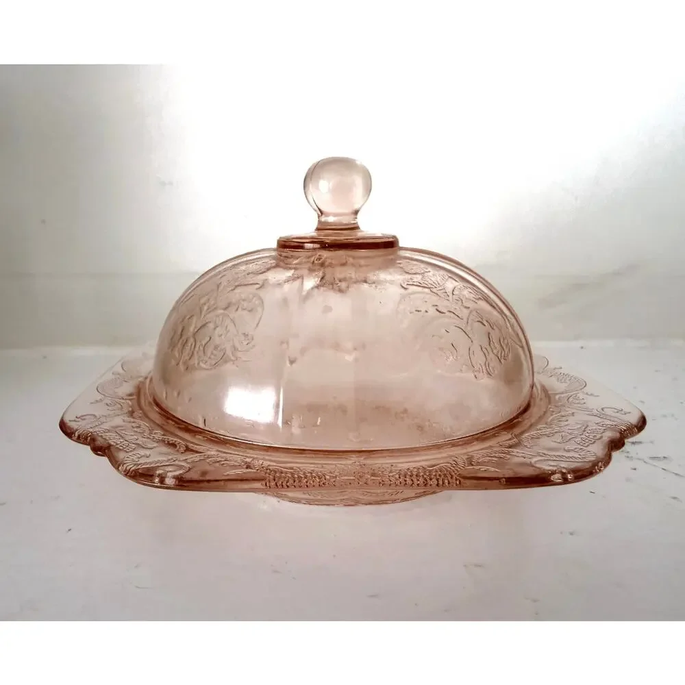 Indiana Glass Pink Recollection Madrid Round Domed Butter Cheese Dish Depression